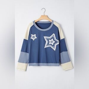 🌟 Star Patchwork Long Sleeve Tee – 100% Cotton – Blue & Cream Retro Vibes 🌟